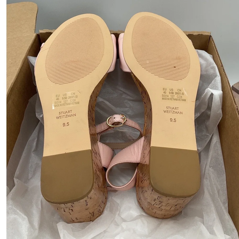Stuart Weitzman Blush Pink Leather Cork Wedge Sandals Ankle Strap Womens 9.5 B - Picture 11 of 13